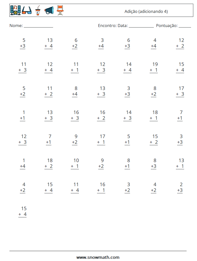 (50) Adição (adicionando 4) planilhas matemáticas 2