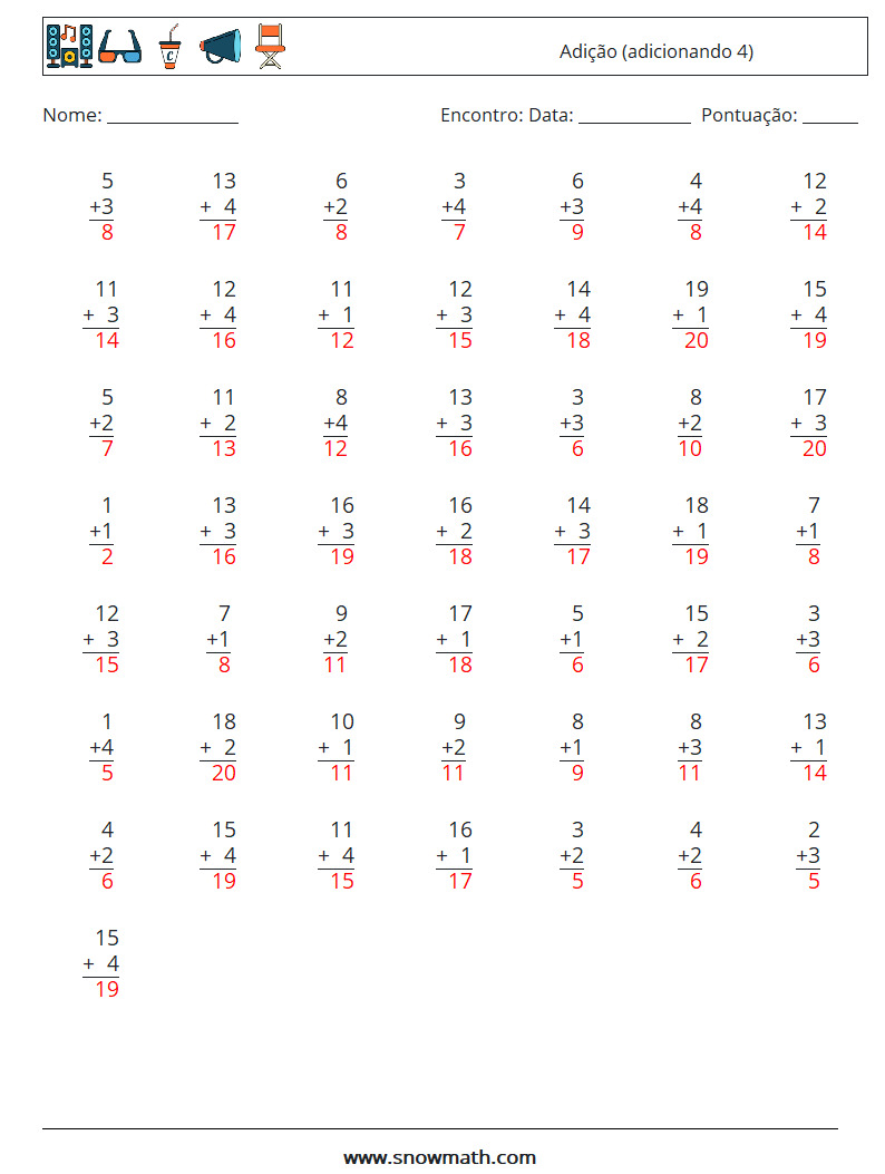 (50) Adição (adicionando 4) planilhas matemáticas 2 Pergunta, Resposta