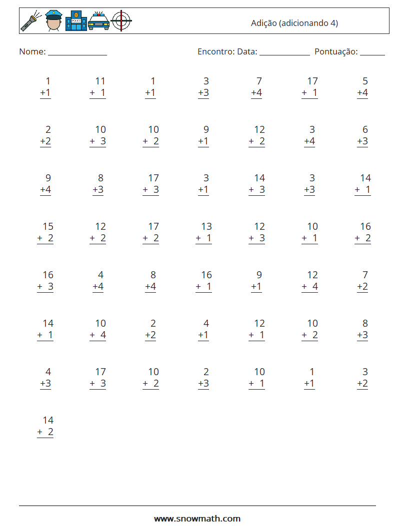 (50) Adição (adicionando 4) planilhas matemáticas 3