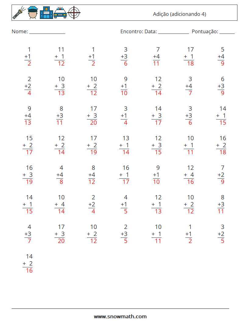 (50) Adição (adicionando 4) planilhas matemáticas 3 Pergunta, Resposta