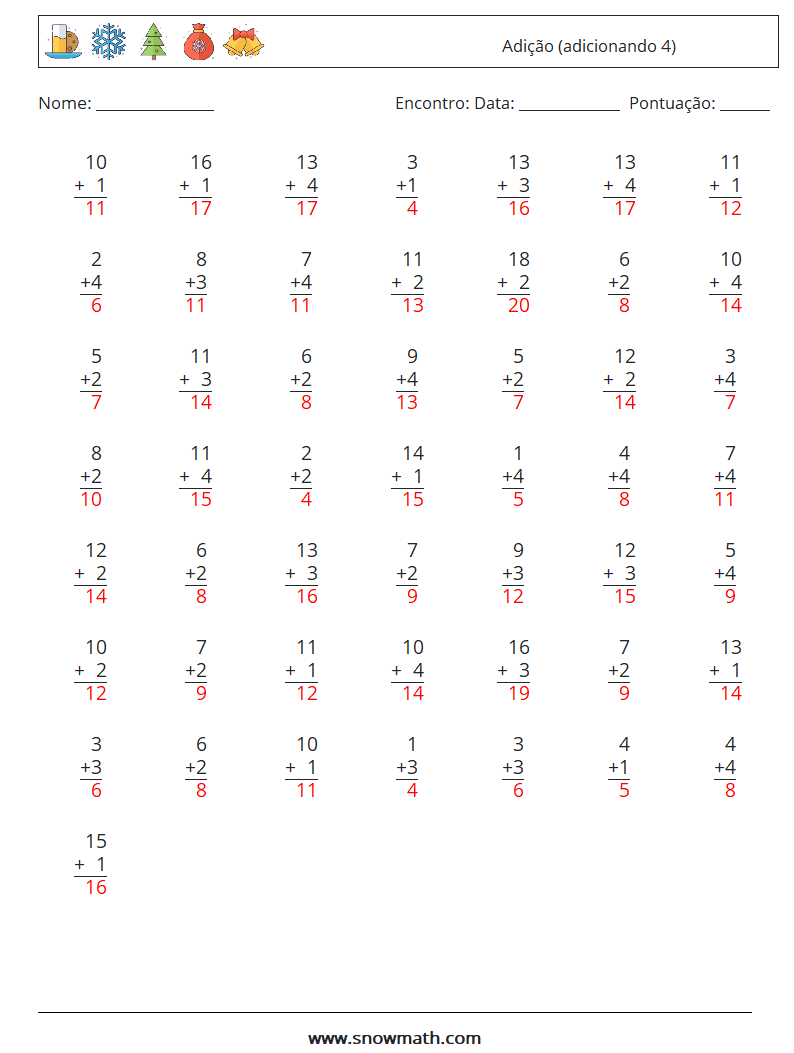 (50) Adição (adicionando 4) planilhas matemáticas 4 Pergunta, Resposta