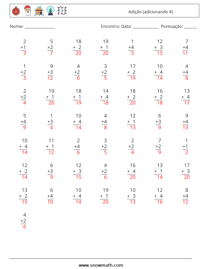 (50) Adição (adicionando 4) planilhas matemáticas 5 Pergunta, Resposta