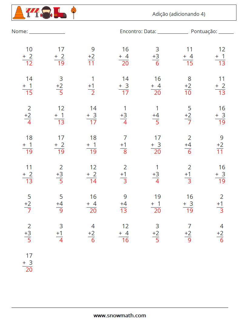 (50) Adição (adicionando 4) planilhas matemáticas 6 Pergunta, Resposta