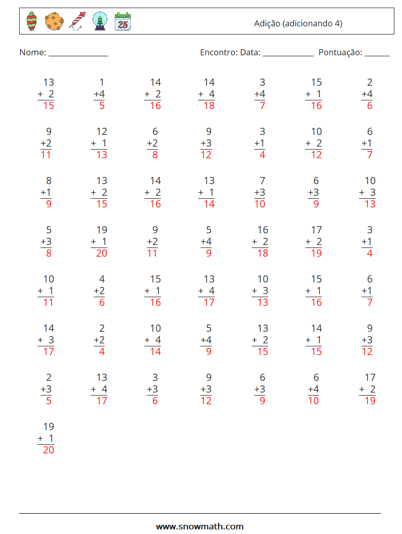 (50) Adição (adicionando 4) planilhas matemáticas 7 Pergunta, Resposta