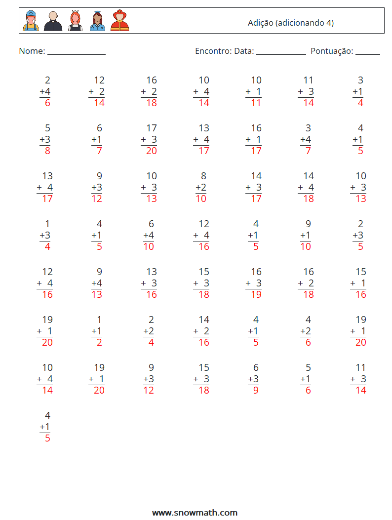 (50) Adição (adicionando 4) planilhas matemáticas 8 Pergunta, Resposta