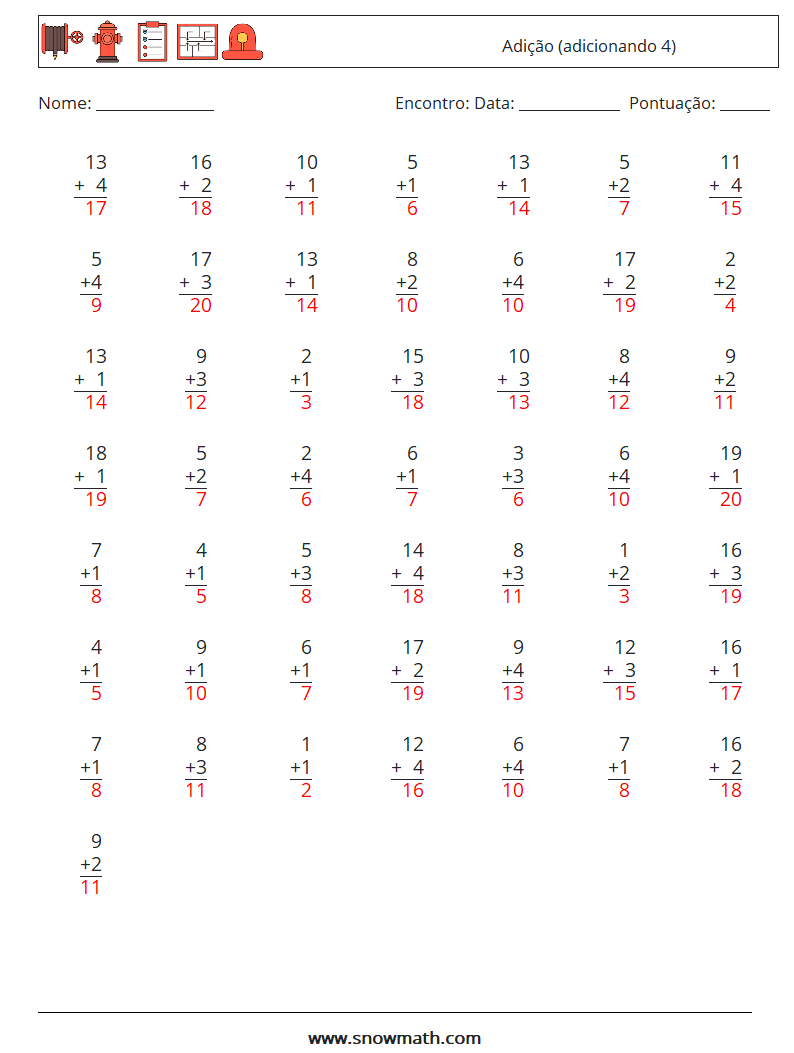 (50) Adição (adicionando 4) planilhas matemáticas 9 Pergunta, Resposta