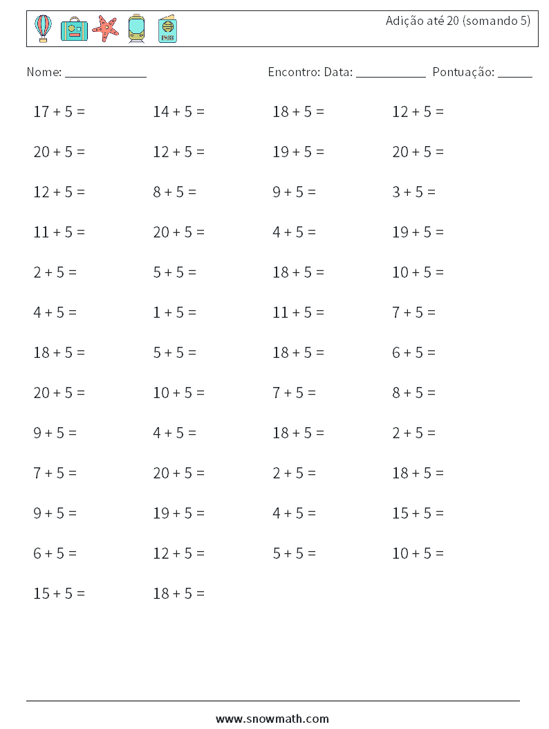 (50) Adição até 20 (somando 5) planilhas matemáticas 1