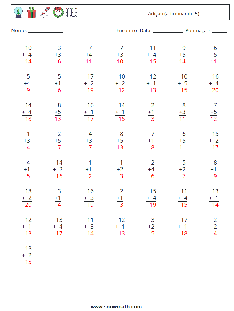 (50) Adição (adicionando 5) planilhas matemáticas 10 Pergunta, Resposta