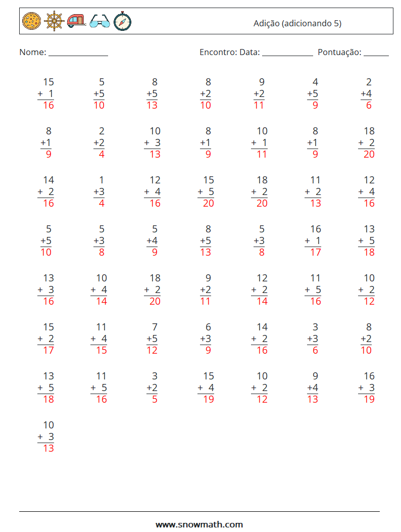 (50) Adição (adicionando 5) planilhas matemáticas 11 Pergunta, Resposta