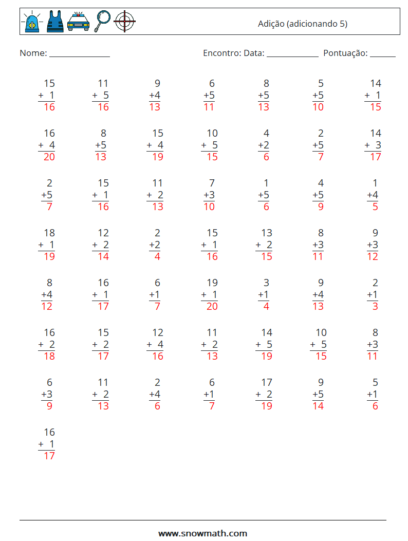 (50) Adição (adicionando 5) planilhas matemáticas 12 Pergunta, Resposta