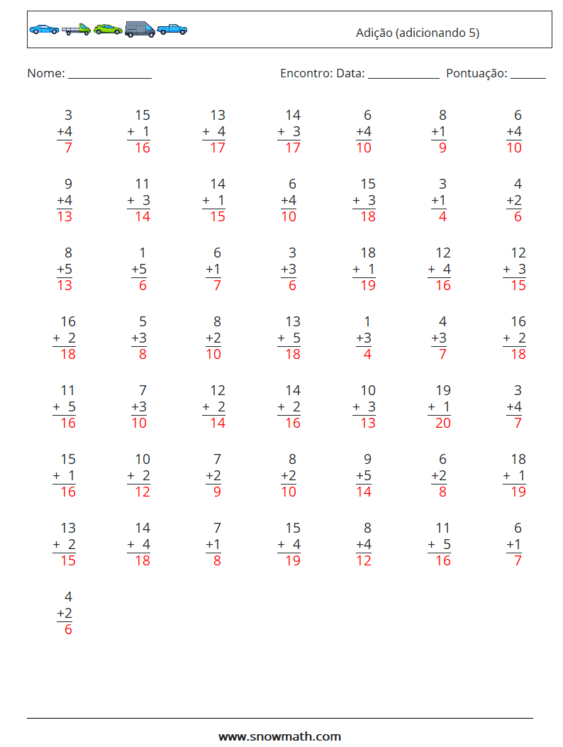 (50) Adição (adicionando 5) planilhas matemáticas 13 Pergunta, Resposta