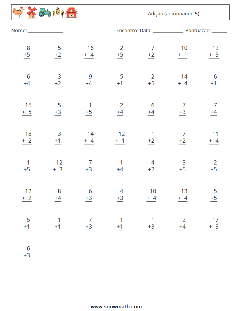 (50) Adição (adicionando 5) planilhas matemáticas 14