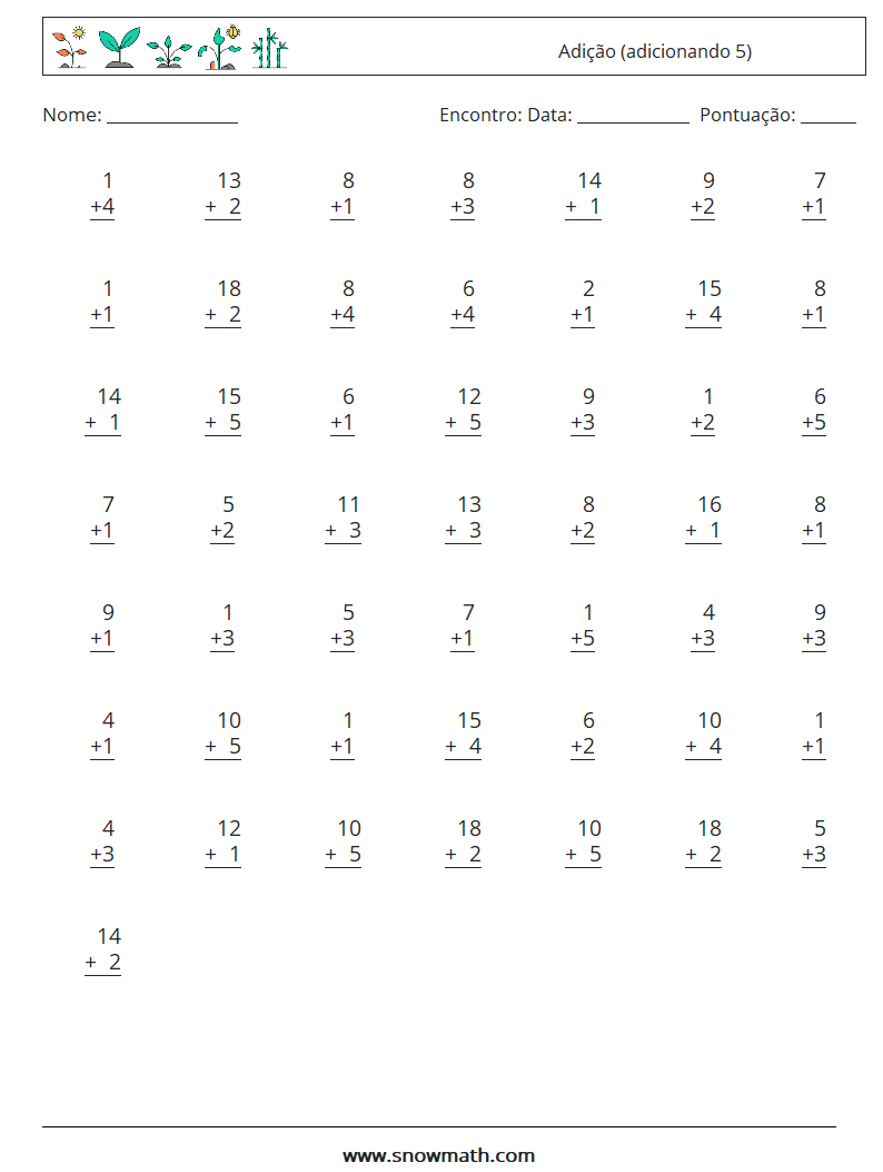 (50) Adição (adicionando 5) planilhas matemáticas 18