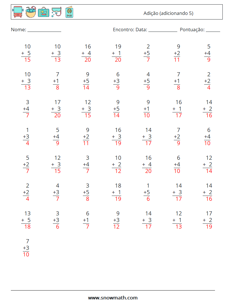 (50) Adição (adicionando 5) planilhas matemáticas 1 Pergunta, Resposta