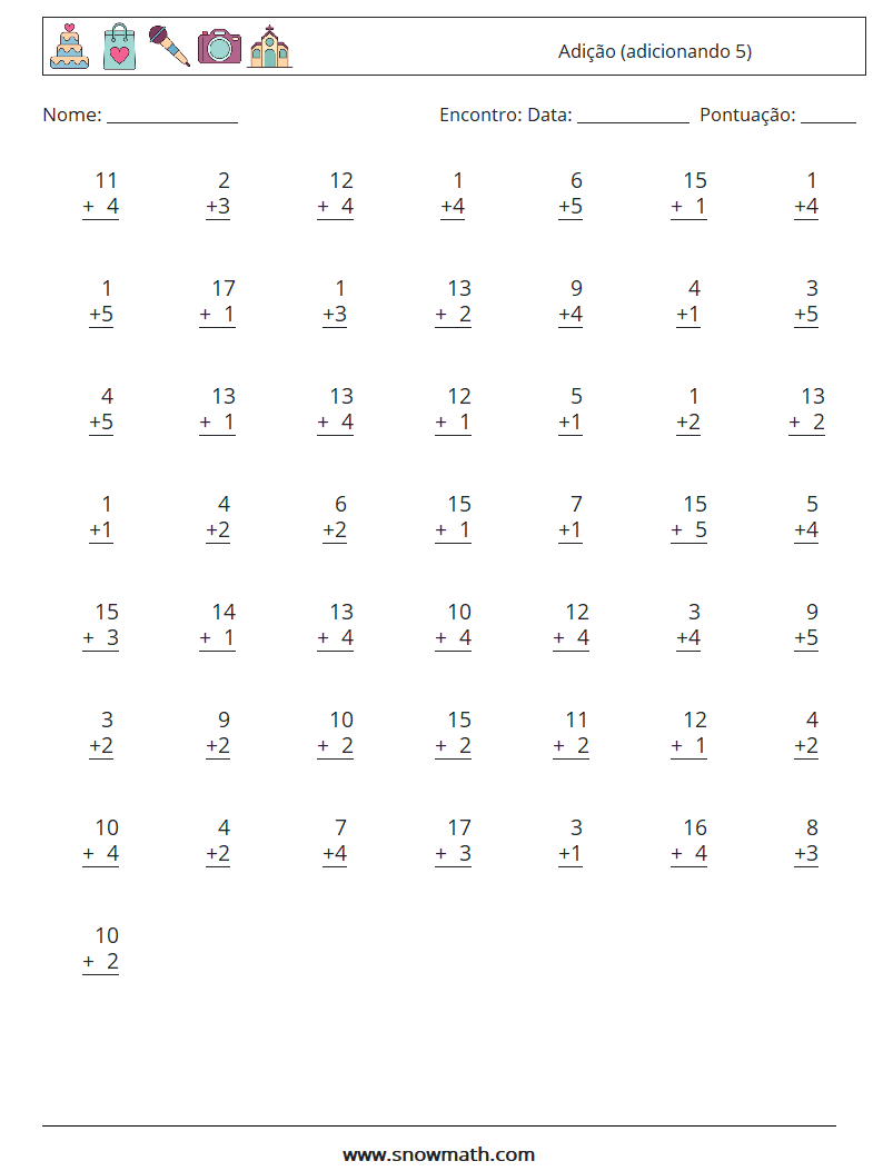 (50) Adição (adicionando 5) planilhas matemáticas 2