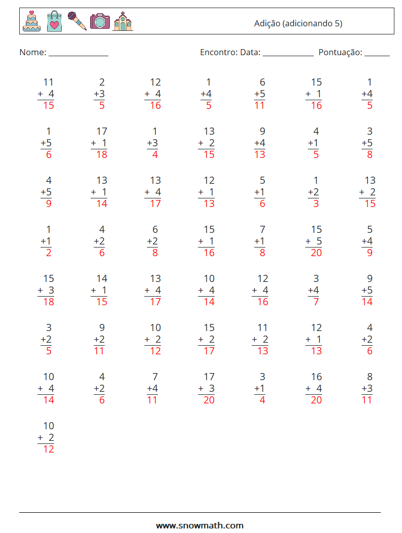 (50) Adição (adicionando 5) planilhas matemáticas 2 Pergunta, Resposta