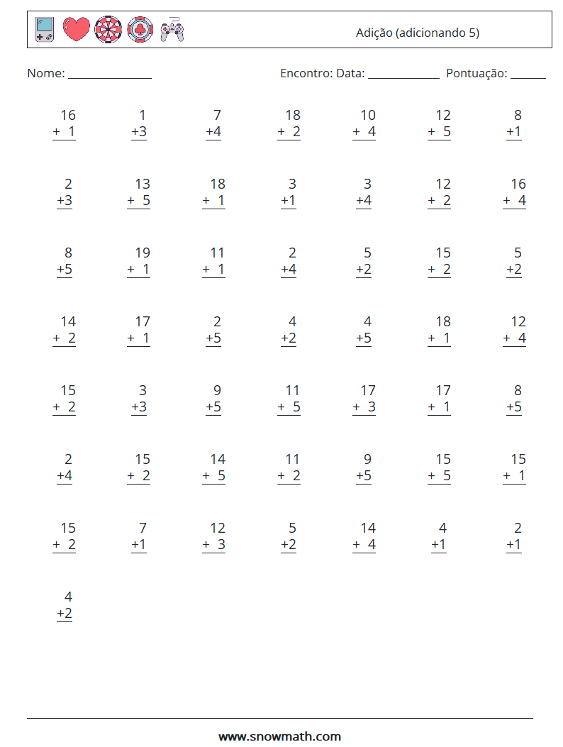 (50) Adição (adicionando 5) planilhas matemáticas 3