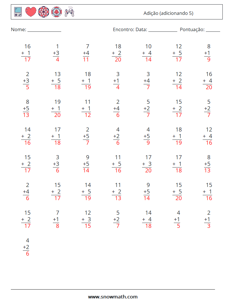 (50) Adição (adicionando 5) planilhas matemáticas 3 Pergunta, Resposta