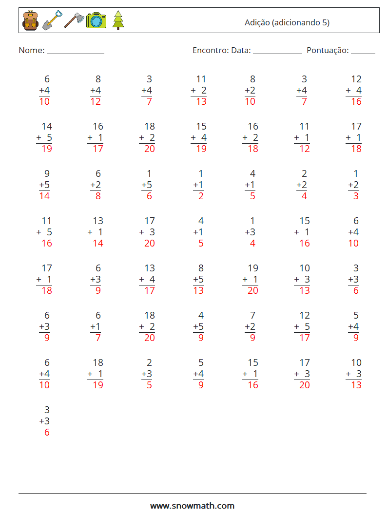 (50) Adição (adicionando 5) planilhas matemáticas 4 Pergunta, Resposta