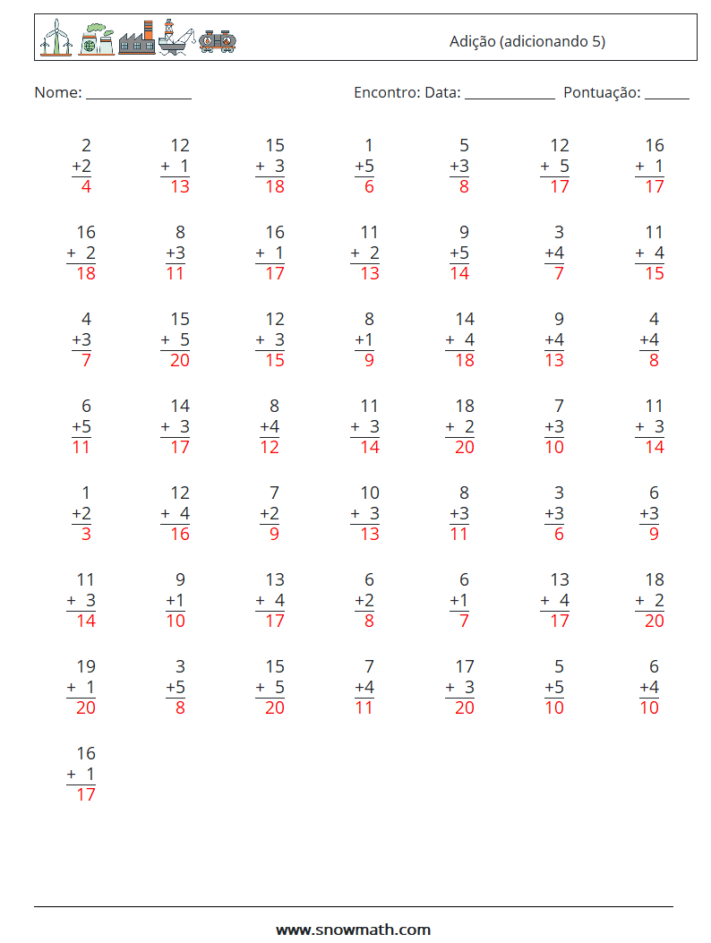 (50) Adição (adicionando 5) planilhas matemáticas 5 Pergunta, Resposta