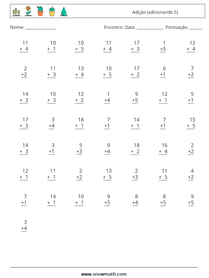 (50) Adição (adicionando 5) planilhas matemáticas 6