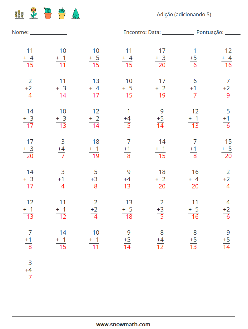 (50) Adição (adicionando 5) planilhas matemáticas 6 Pergunta, Resposta