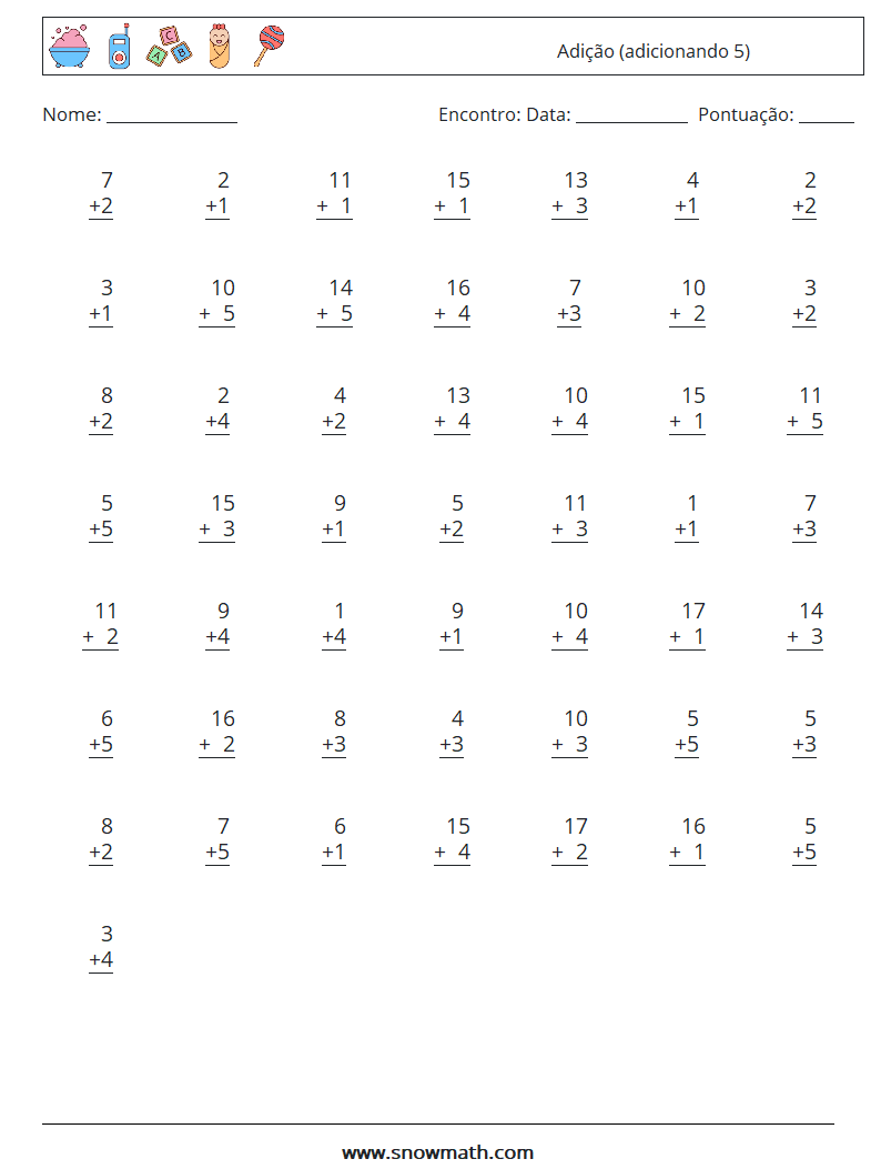 (50) Adição (adicionando 5) planilhas matemáticas 7