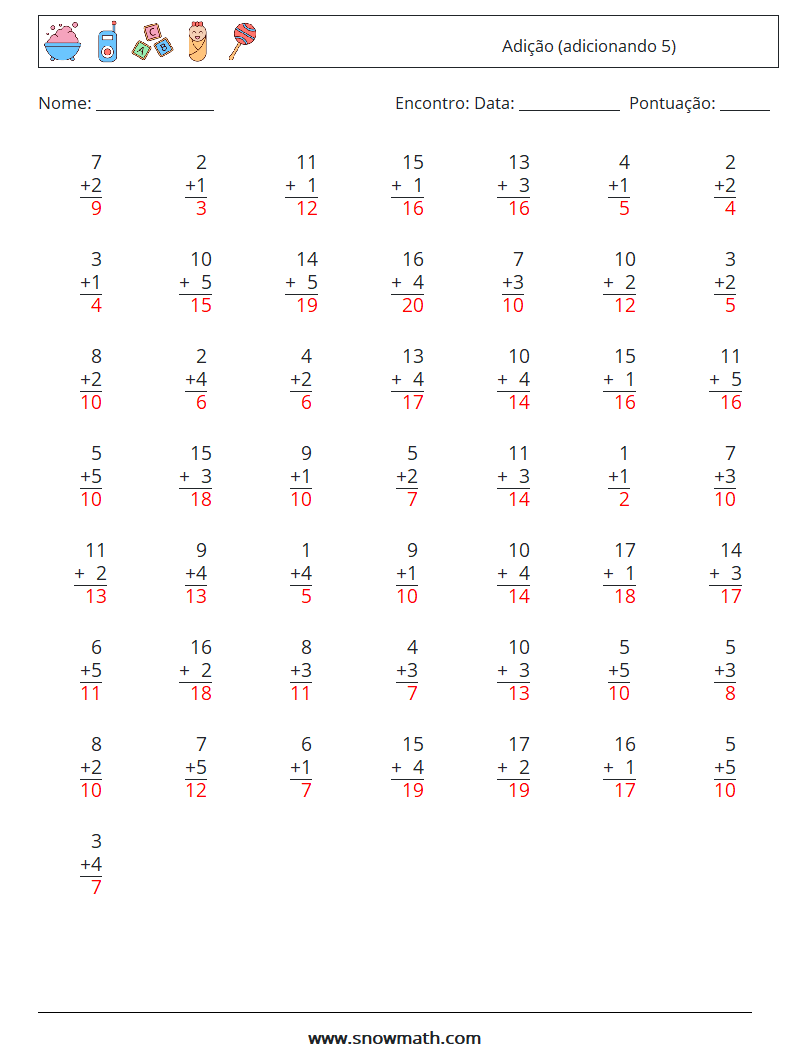 (50) Adição (adicionando 5) planilhas matemáticas 7 Pergunta, Resposta