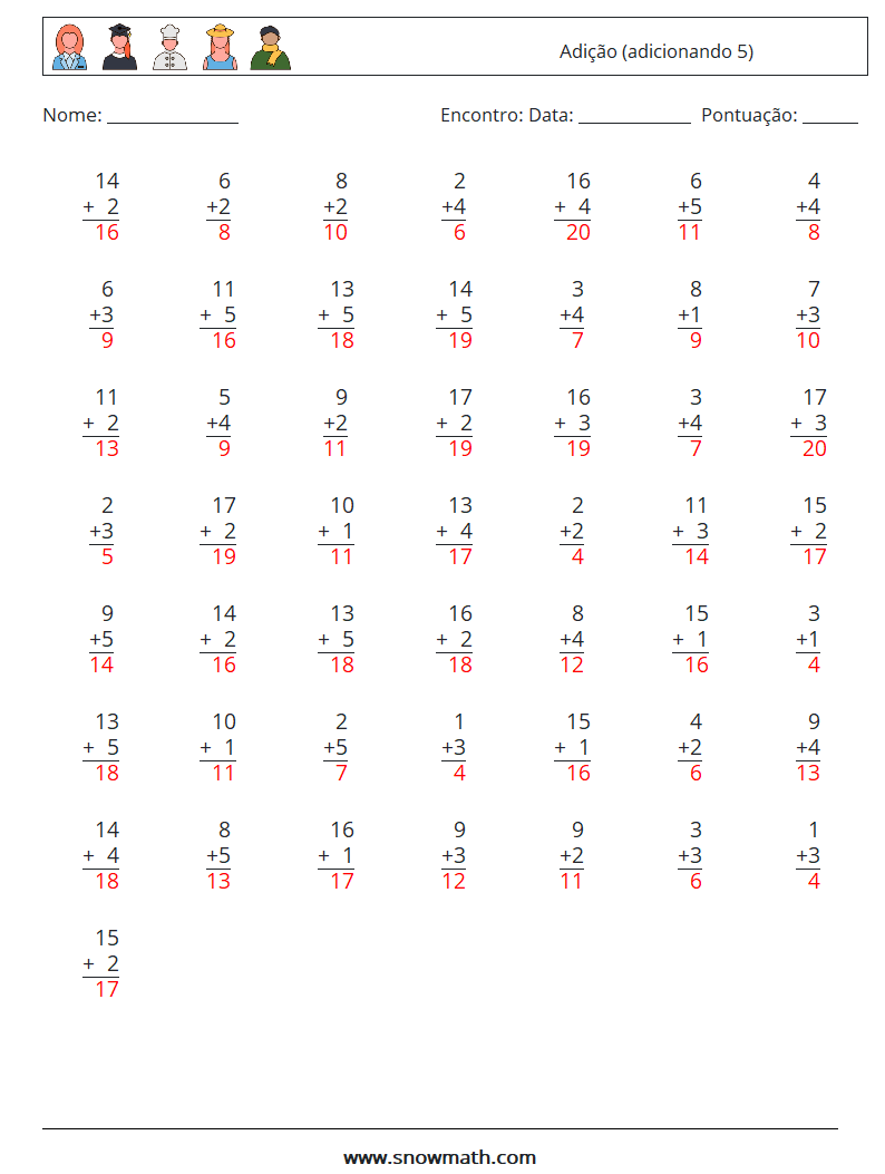 (50) Adição (adicionando 5) planilhas matemáticas 8 Pergunta, Resposta