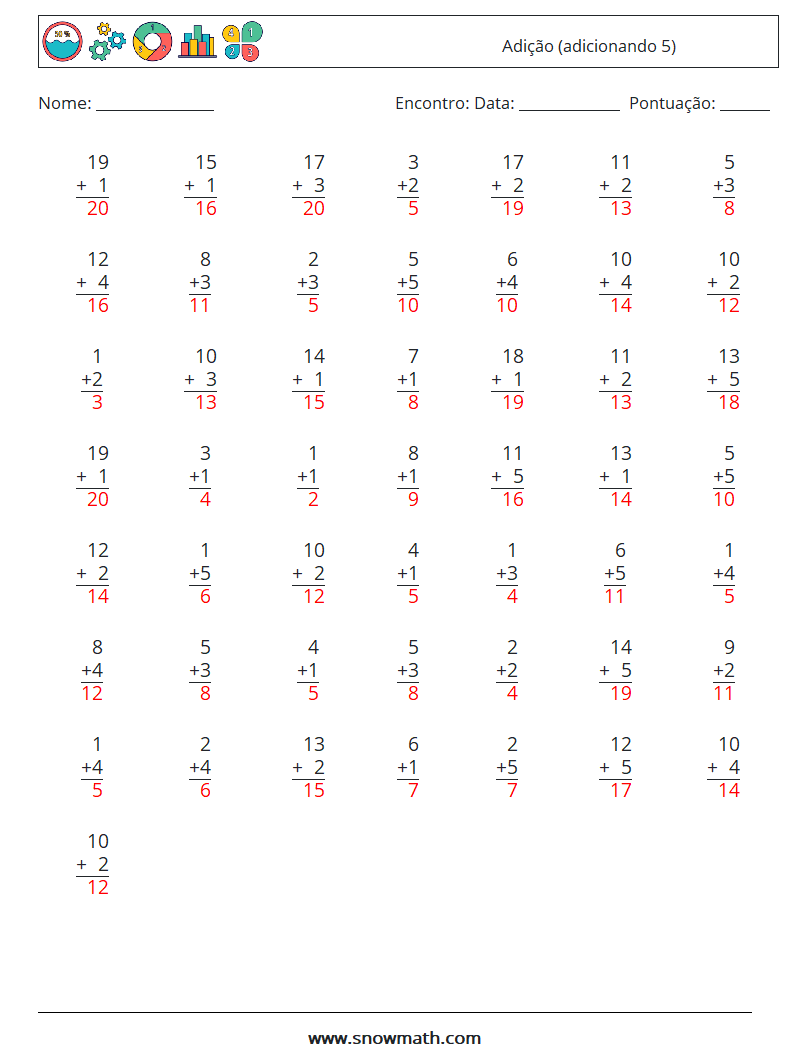 (50) Adição (adicionando 5) planilhas matemáticas 9 Pergunta, Resposta