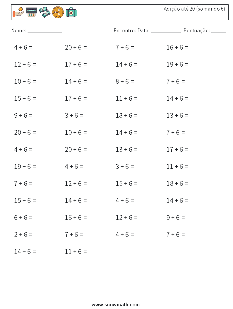 (50) Adição até 20 (somando 6) planilhas matemáticas 1