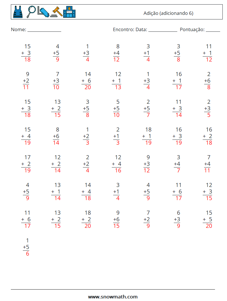 (50) Adição (adicionando 6) planilhas matemáticas 10 Pergunta, Resposta