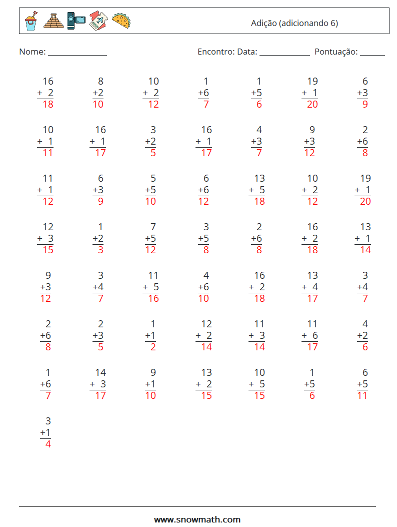 (50) Adição (adicionando 6) planilhas matemáticas 12 Pergunta, Resposta