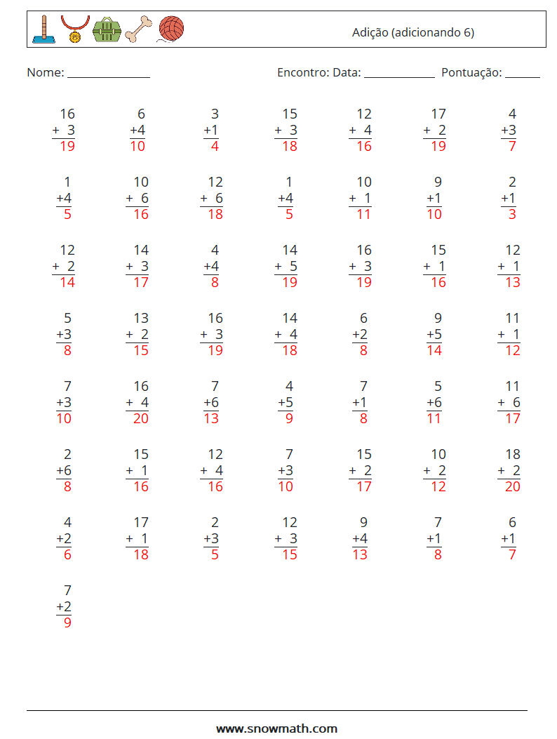 (50) Adição (adicionando 6) planilhas matemáticas 13 Pergunta, Resposta