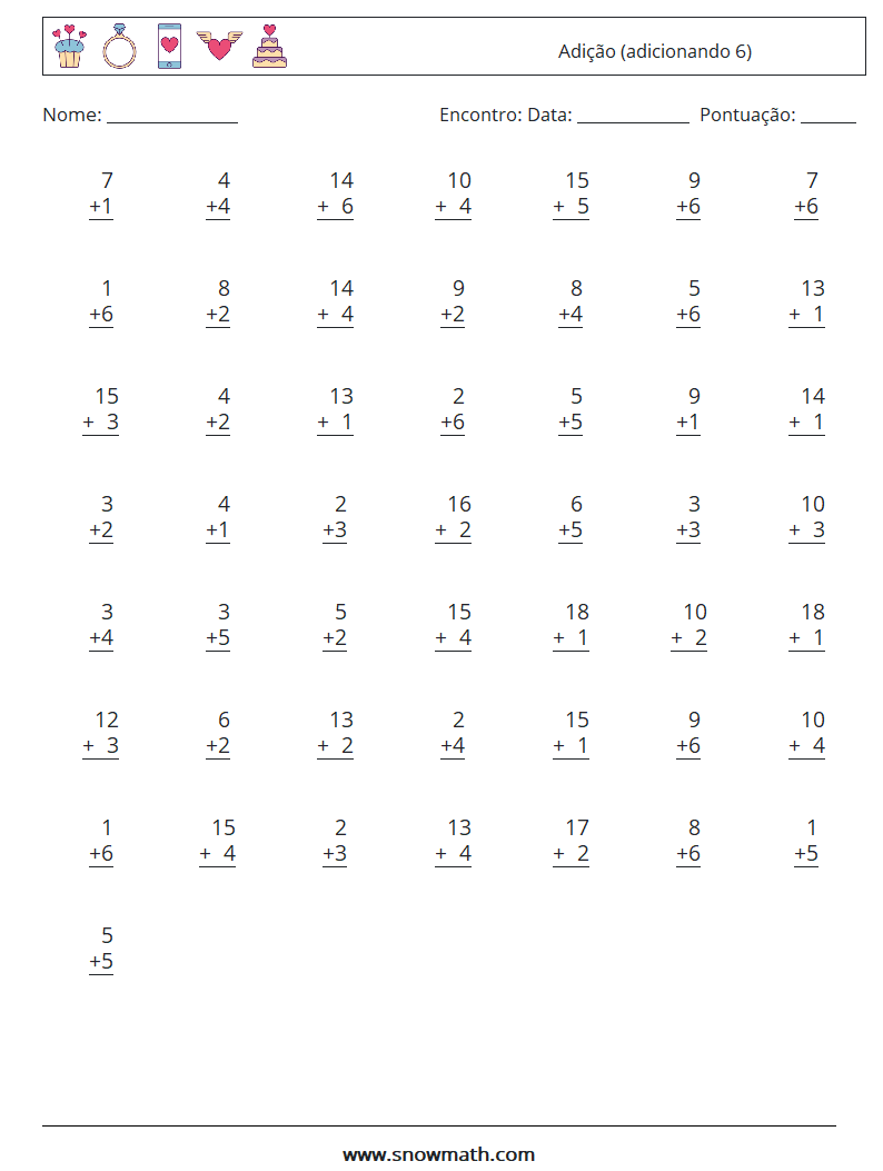 (50) Adição (adicionando 6) planilhas matemáticas 17