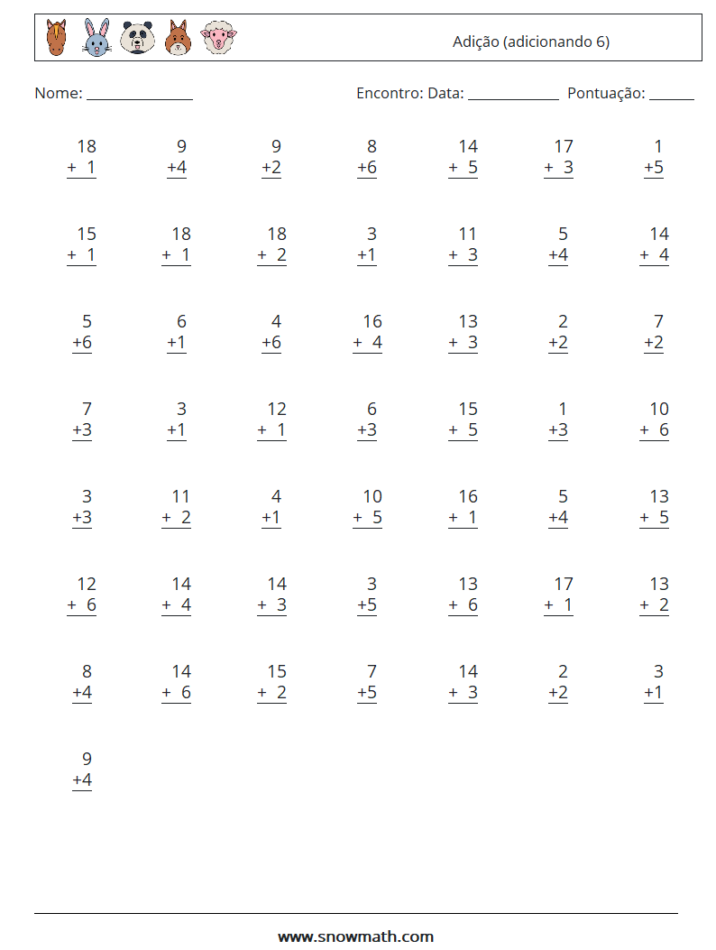 (50) Adição (adicionando 6) planilhas matemáticas 18