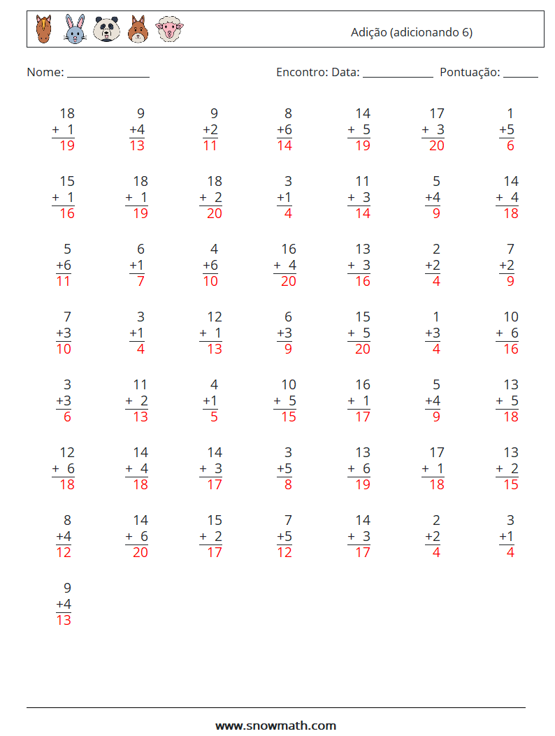 (50) Adição (adicionando 6) planilhas matemáticas 18 Pergunta, Resposta