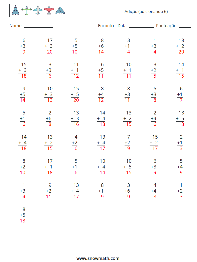 (50) Adição (adicionando 6) planilhas matemáticas 1 Pergunta, Resposta