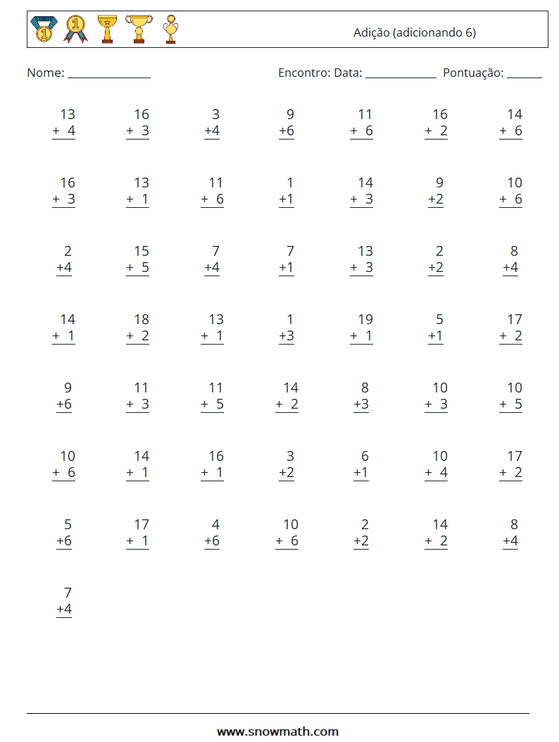 (50) Adição (adicionando 6) planilhas matemáticas 2