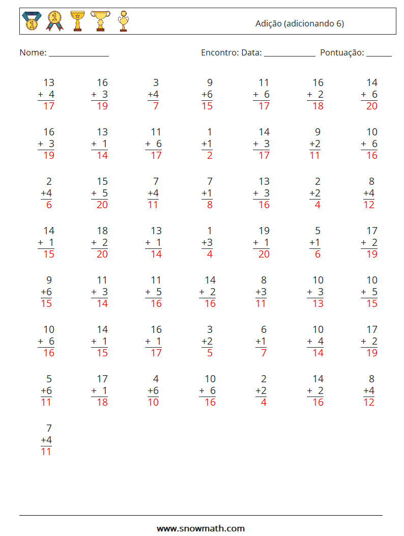 (50) Adição (adicionando 6) planilhas matemáticas 2 Pergunta, Resposta