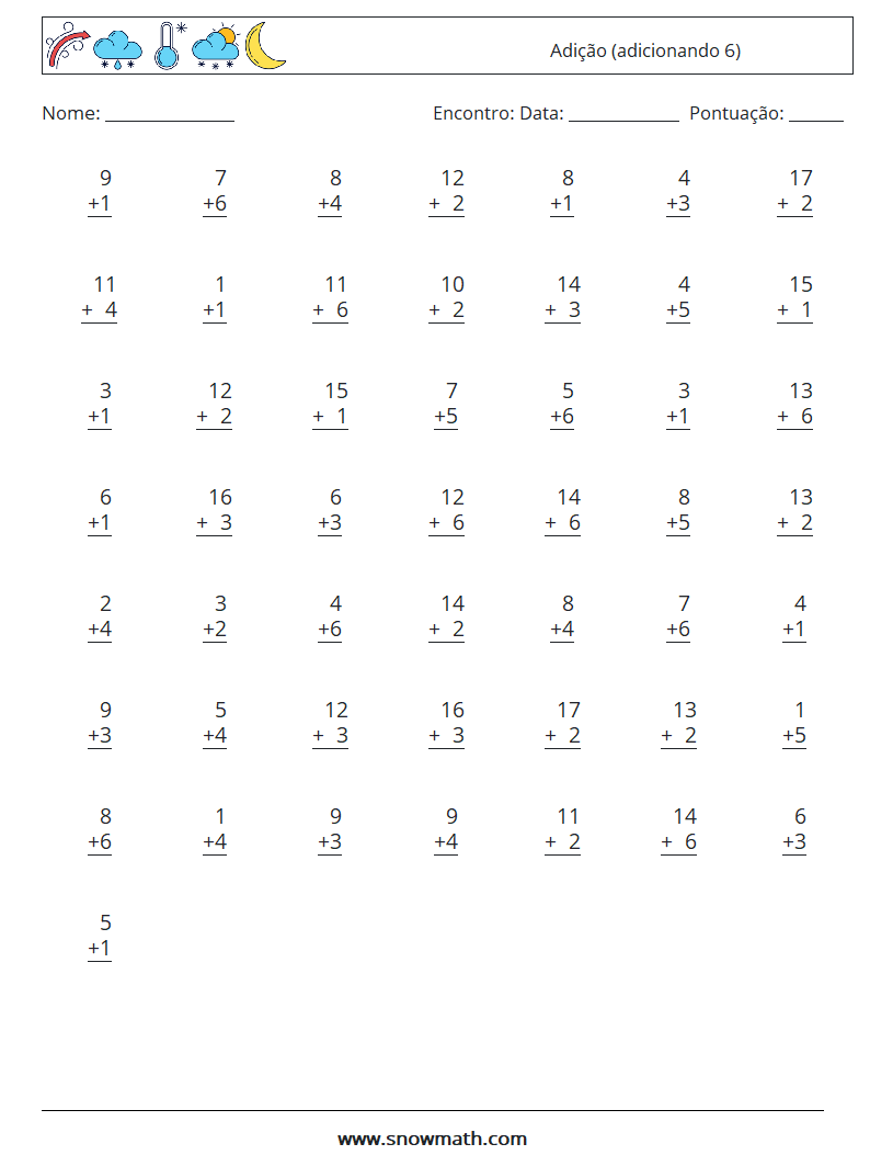 (50) Adição (adicionando 6) planilhas matemáticas 3