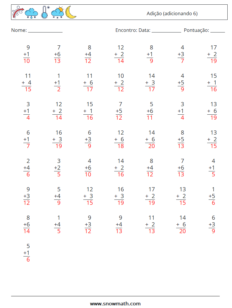 (50) Adição (adicionando 6) planilhas matemáticas 3 Pergunta, Resposta