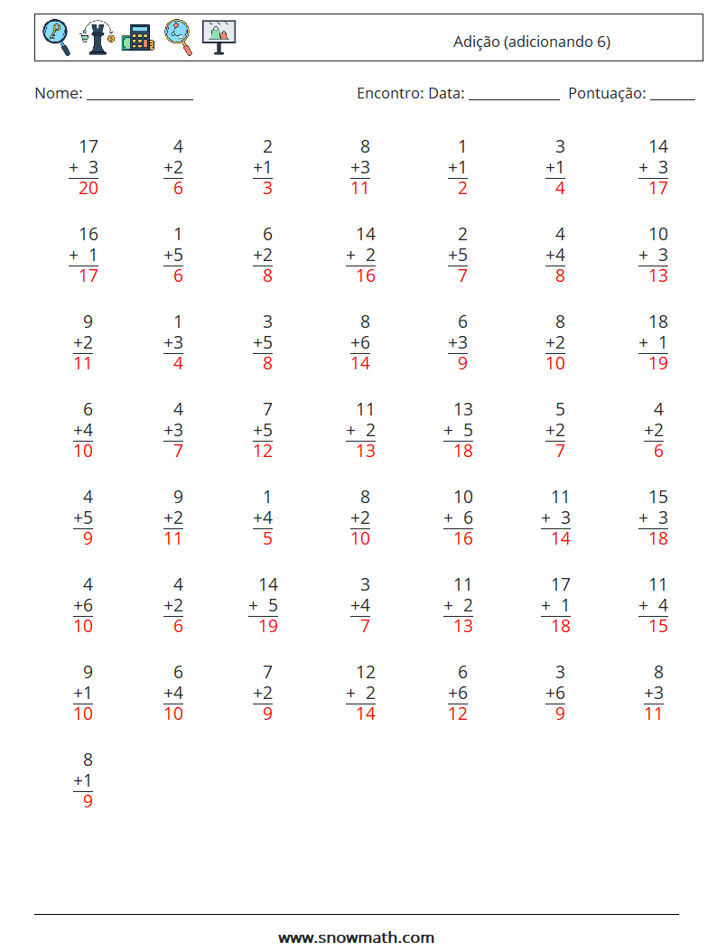 (50) Adição (adicionando 6) planilhas matemáticas 4 Pergunta, Resposta