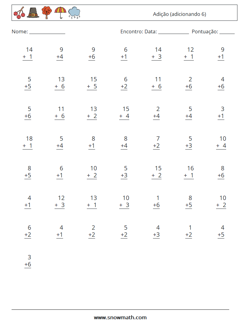 (50) Adição (adicionando 6) planilhas matemáticas 5