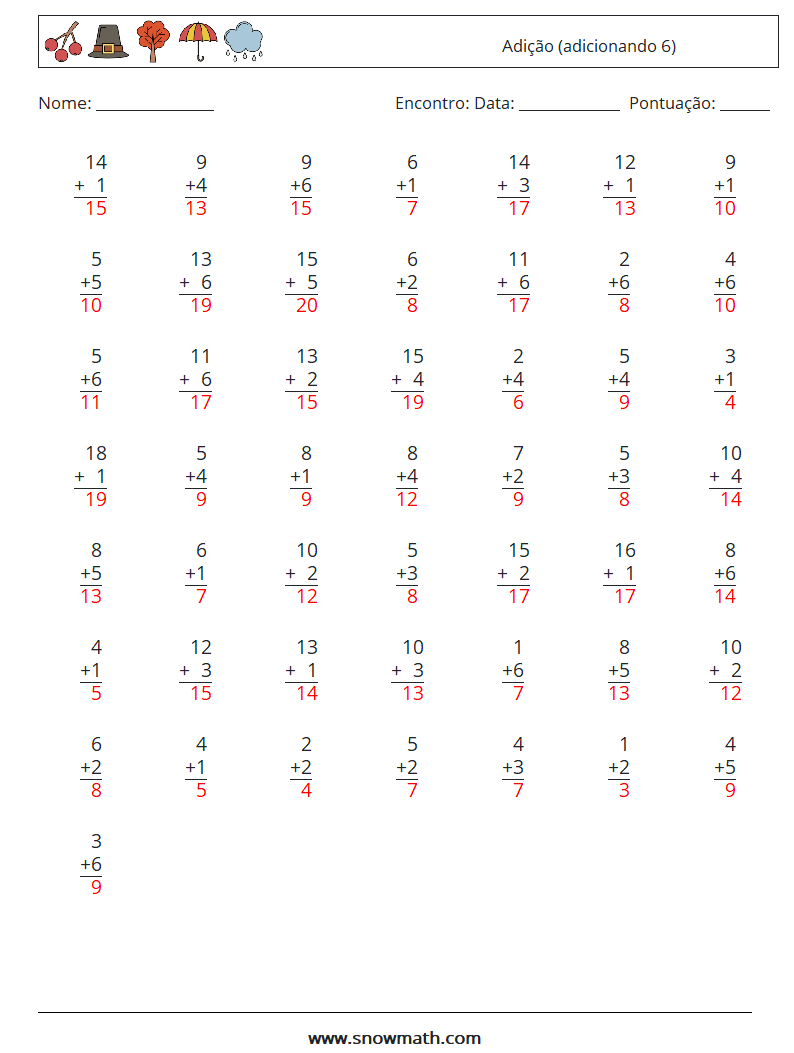 (50) Adição (adicionando 6) planilhas matemáticas 5 Pergunta, Resposta