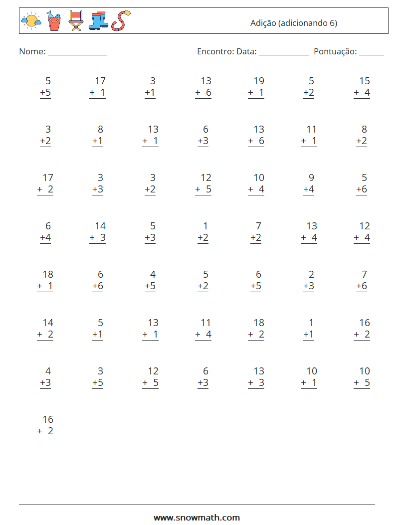 (50) Adição (adicionando 6) planilhas matemáticas 6