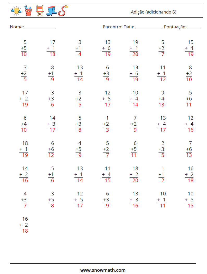 (50) Adição (adicionando 6) planilhas matemáticas 6 Pergunta, Resposta