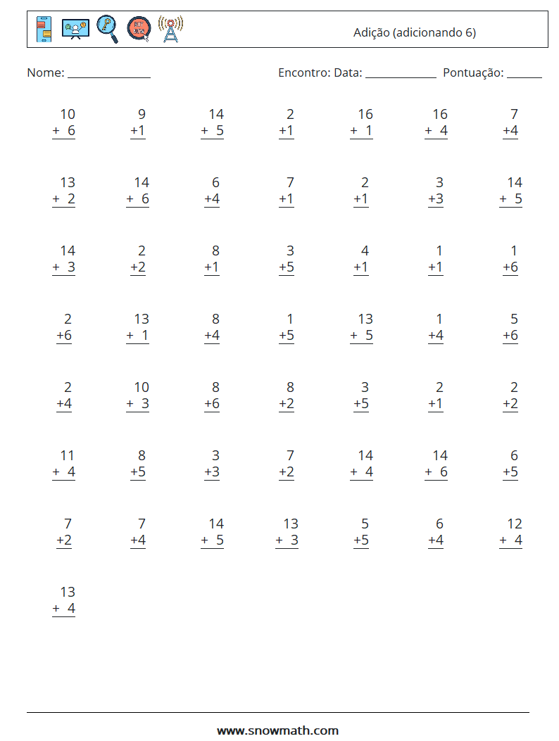 (50) Adição (adicionando 6) planilhas matemáticas 8