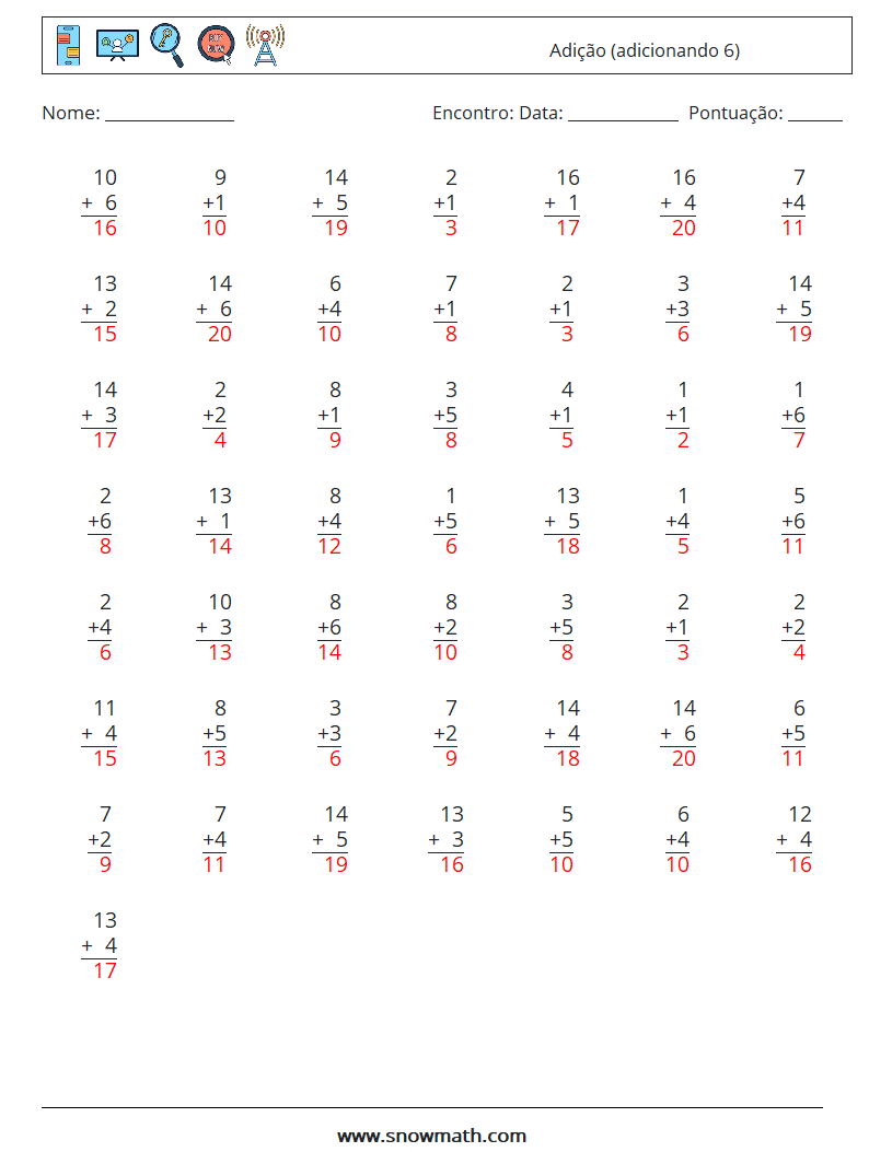 (50) Adição (adicionando 6) planilhas matemáticas 8 Pergunta, Resposta