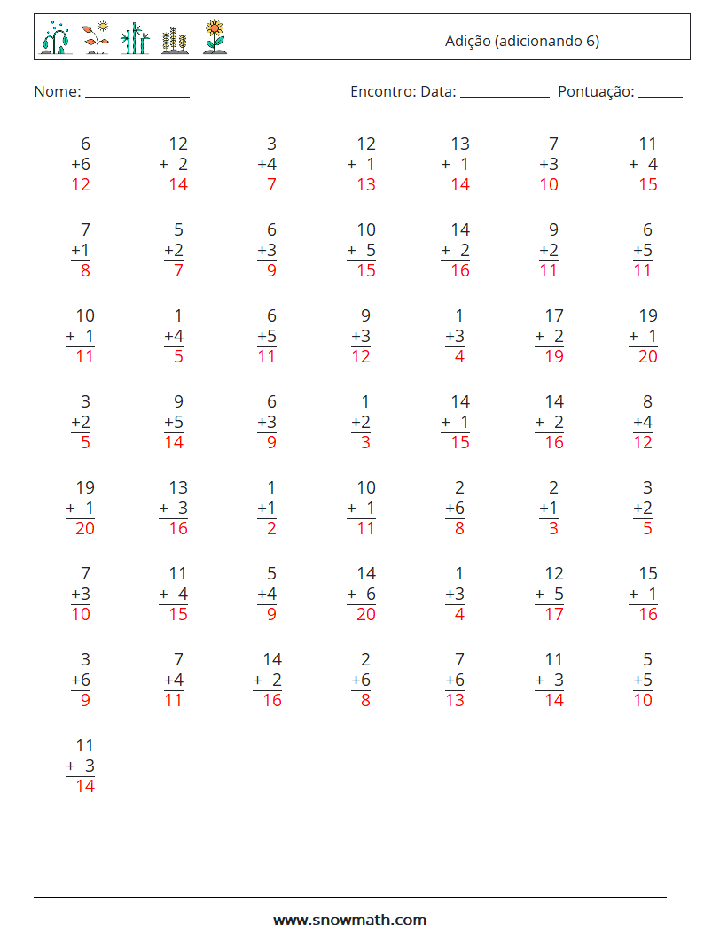 (50) Adição (adicionando 6) planilhas matemáticas 9 Pergunta, Resposta